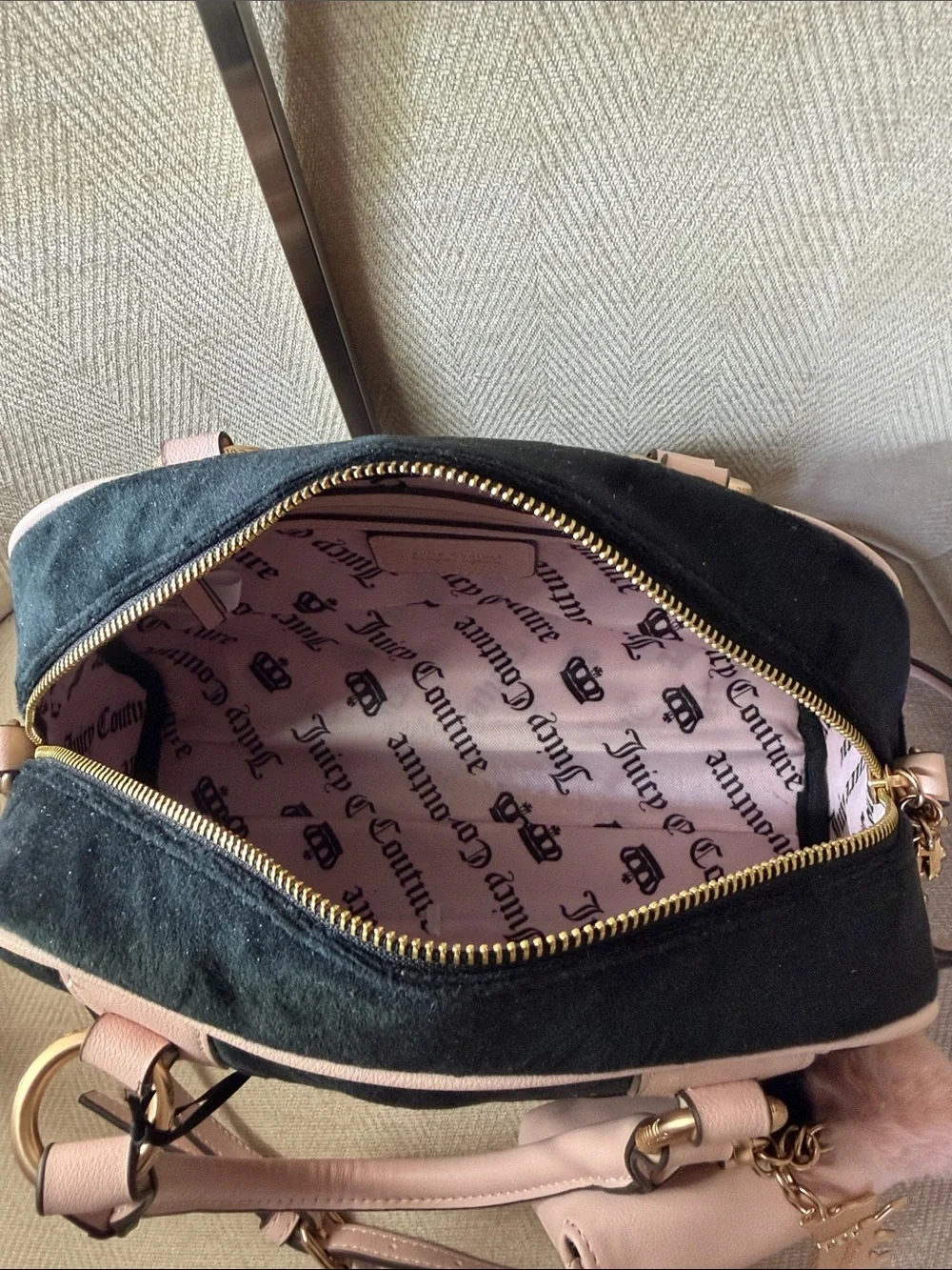 Juicy Couture Pink and Black Velvet Satchel with Detachable Pouch